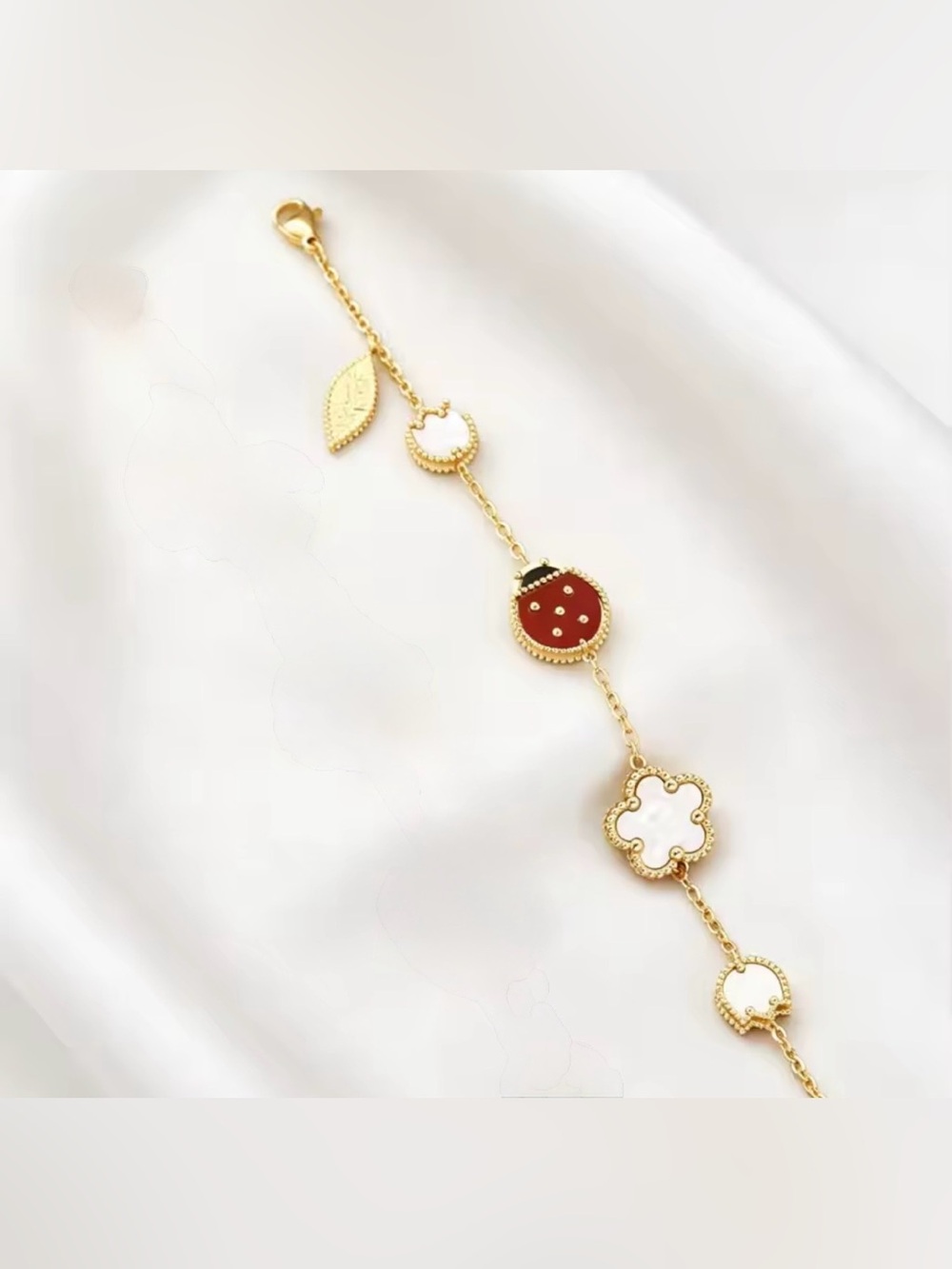 Gold-Plated Women's Clover & Disc Charm White and Red Accents